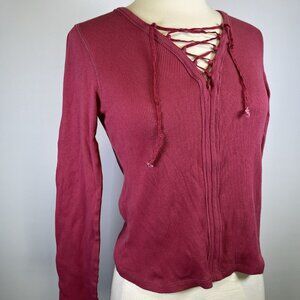 Calvin Klein Y2K Pink Slim Ribbed Cotton Lace Up Shirt Medium Bratz Preppy